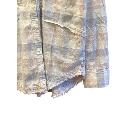 Free People Loveland Purple Pink Plaid Button Up Shirt Large Frayed Hem Preppy - Picture 3 of 6
